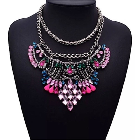 STATEMENT CRYSTAL NECKLACE, PINK BIB NECKLACE - Picture 1 of 3